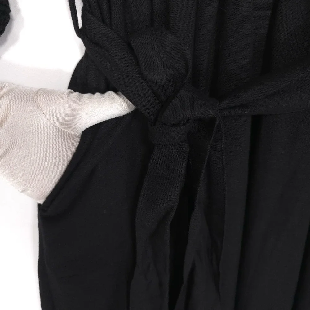 LEA NWOT Midi Dress LARGE Black LINEN Blend Floral Embroidered Tie Belt‎ Tassels